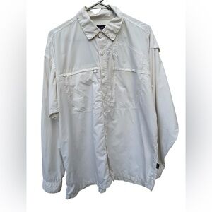 Patagonia Button Up Shirt Mens L Beige Long Roll Tab Sleeve Zip Pockets Gorpcore